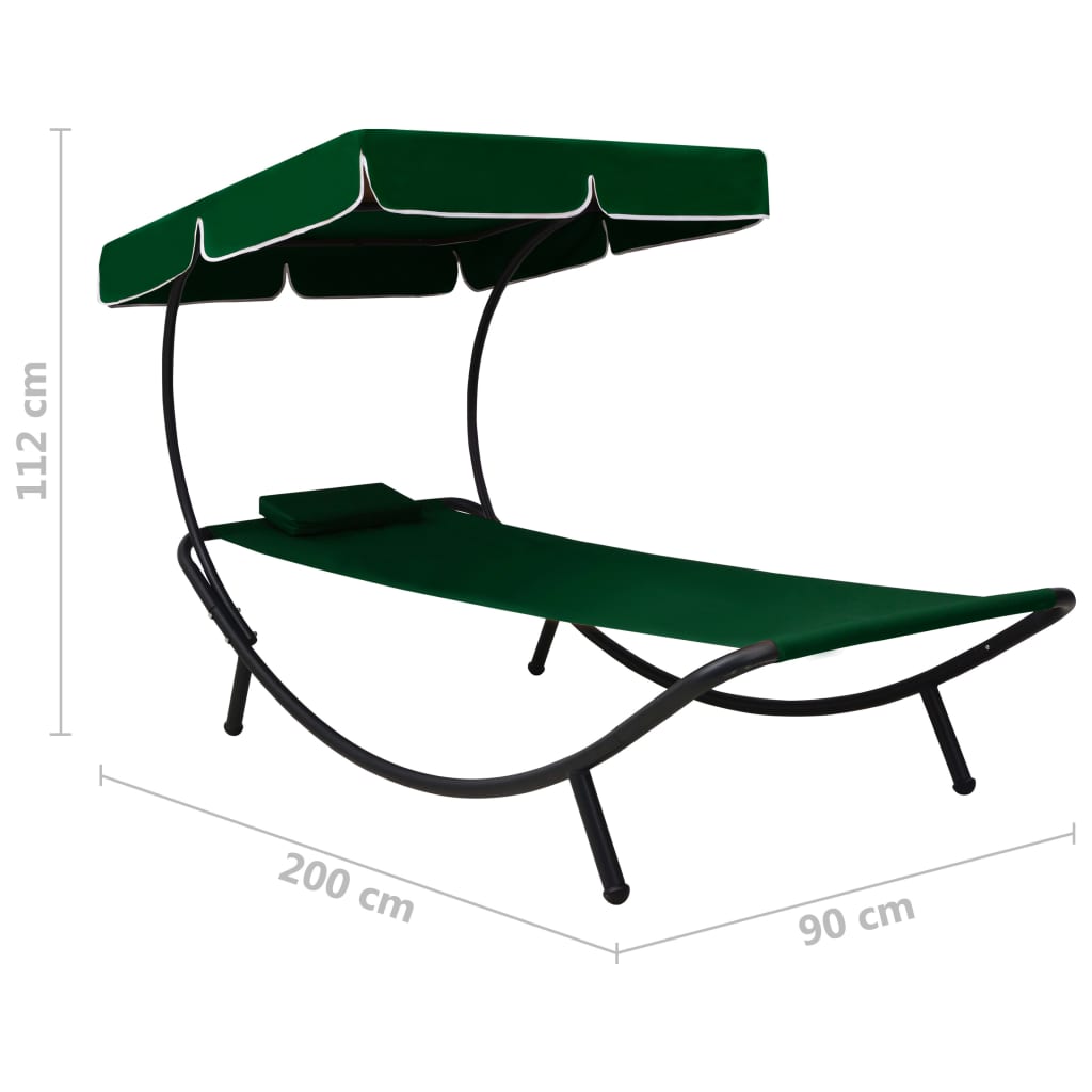 Sun lounger with canopy and green cushion
