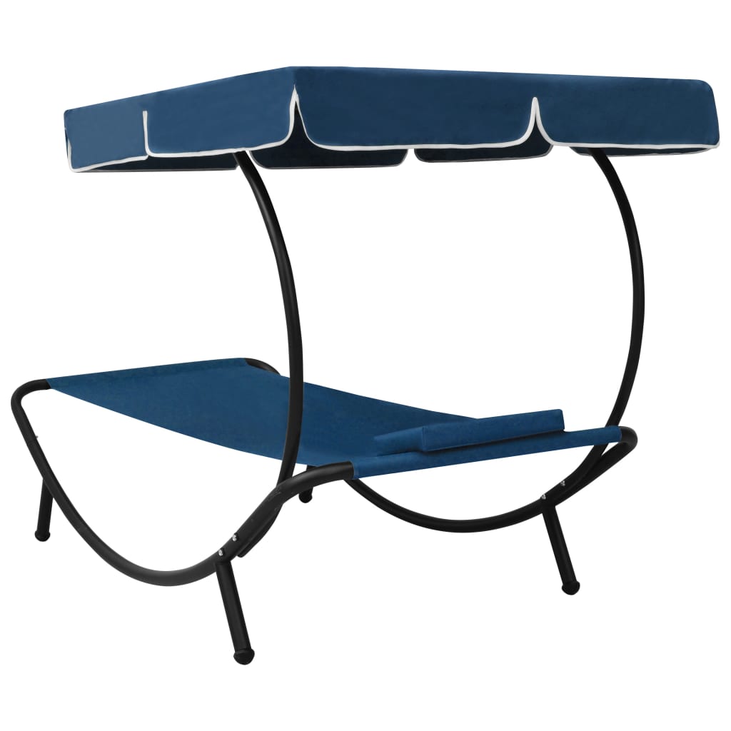 Sun lounger with canopy and blue cushion