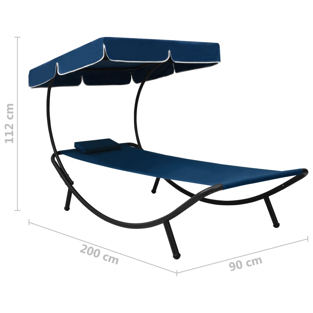 Sun lounger with canopy and blue cushion