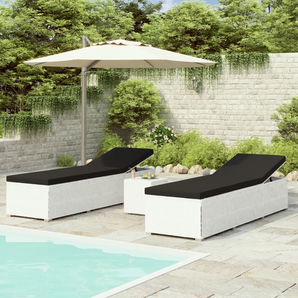 3 pcs garden sun loungers with coffee table in white poly rattan