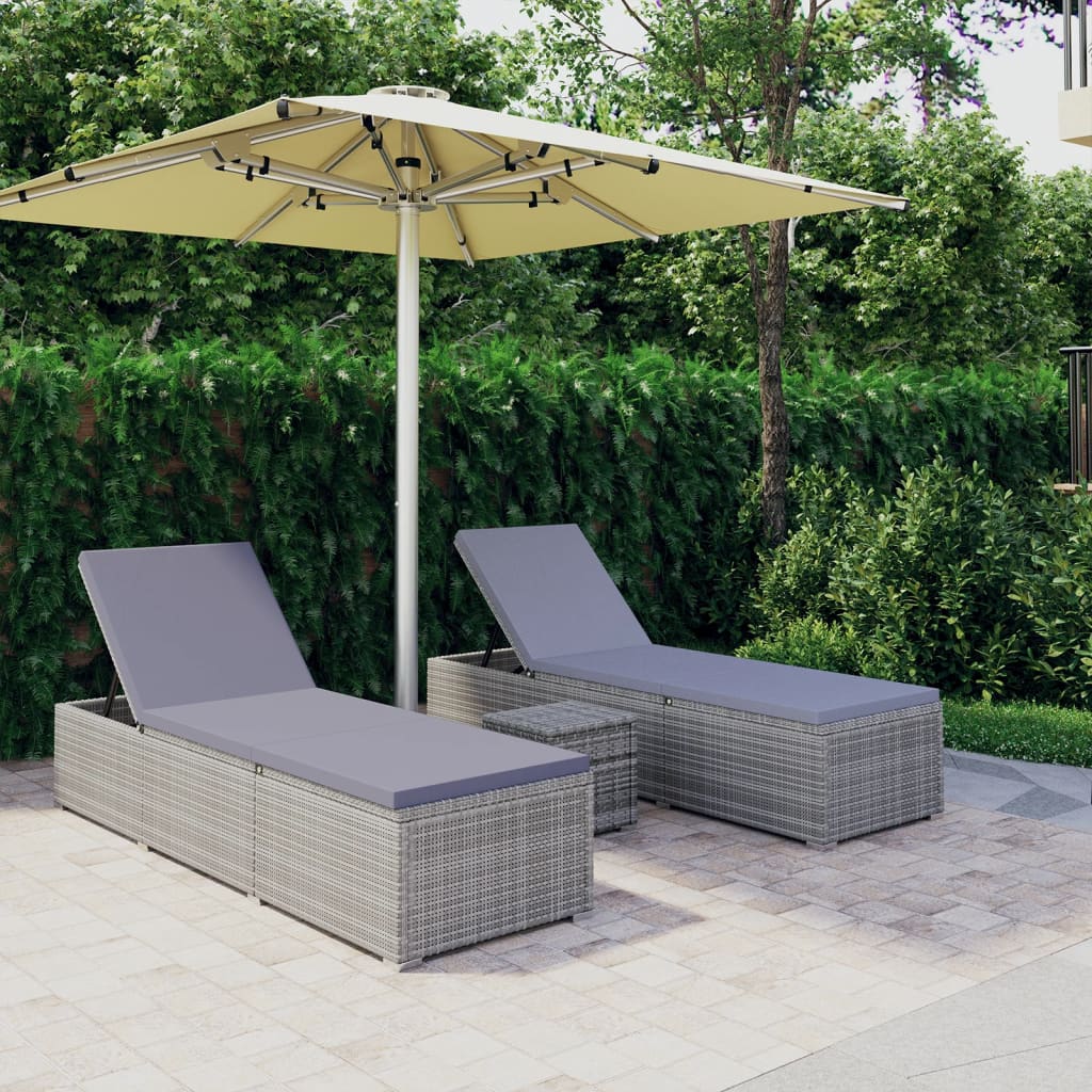3 pcs garden sun loungers with coffee table in grey poly rattan