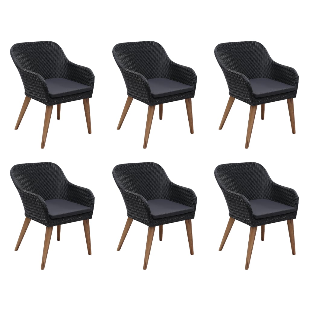 7 pcs conjunto jantar exterior com almofadões vime PE preto