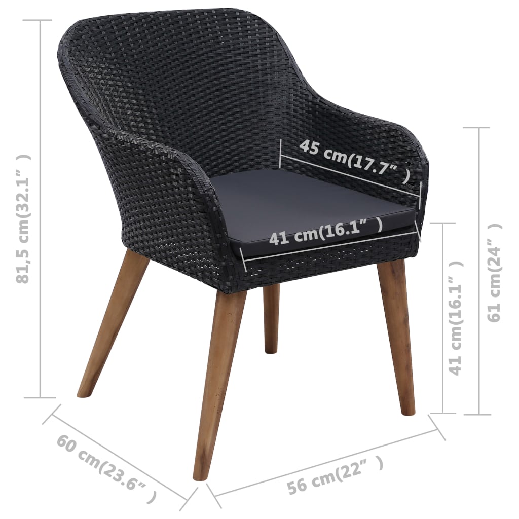 7 pcs conjunto jantar exterior com almofadões vime PE preto