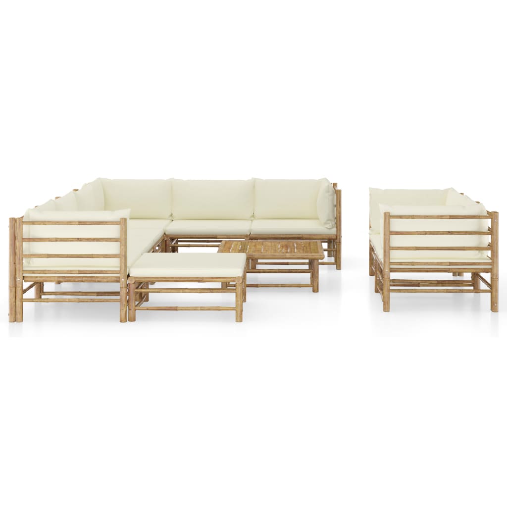 10 pcs conj. lounge jardim em bambu c/ almofadões branco nata