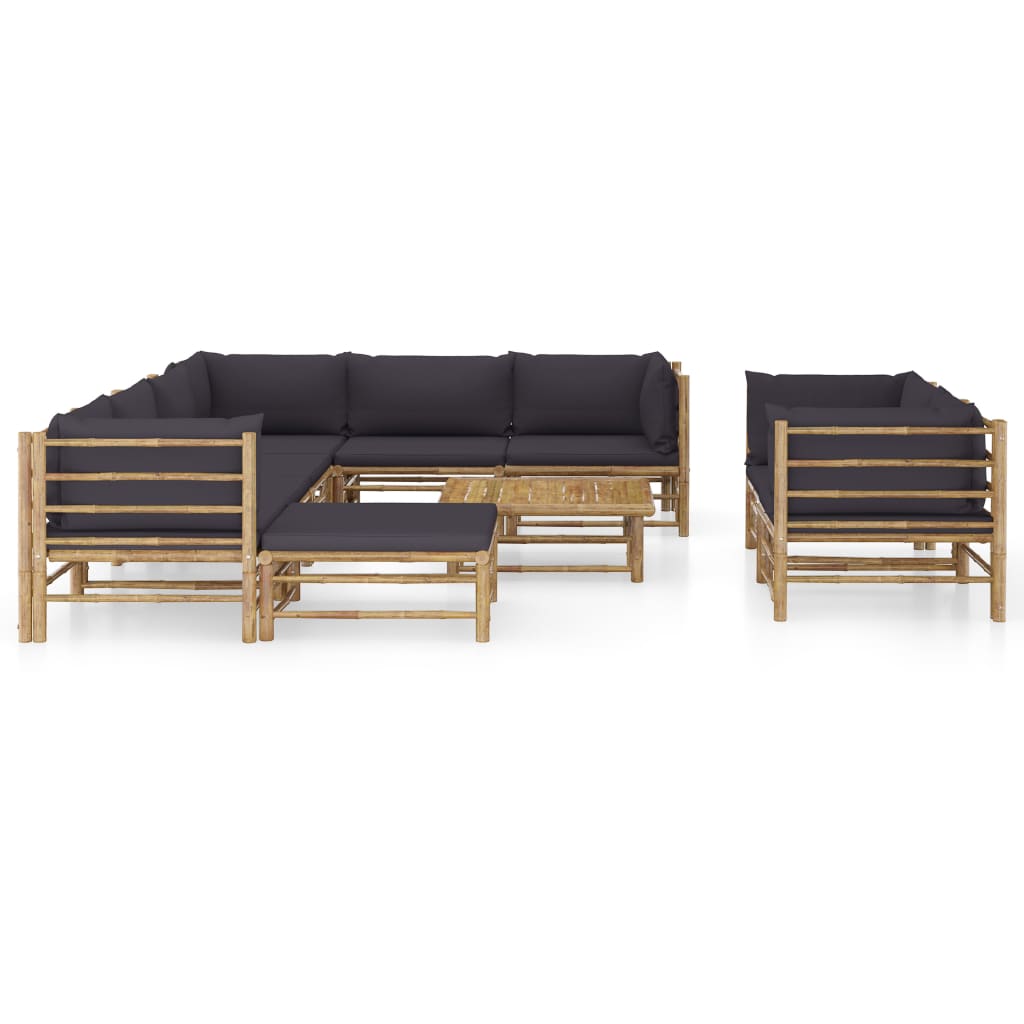 10 pcs conj. lounge jardim em bambu c/ almofadões cinza-escuro