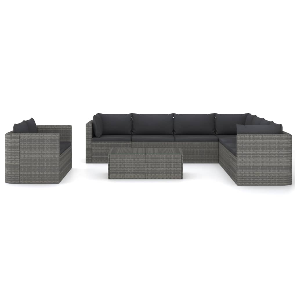 10 pcs conjunto lounge de jardim c/ almofadões vime PE cinzento