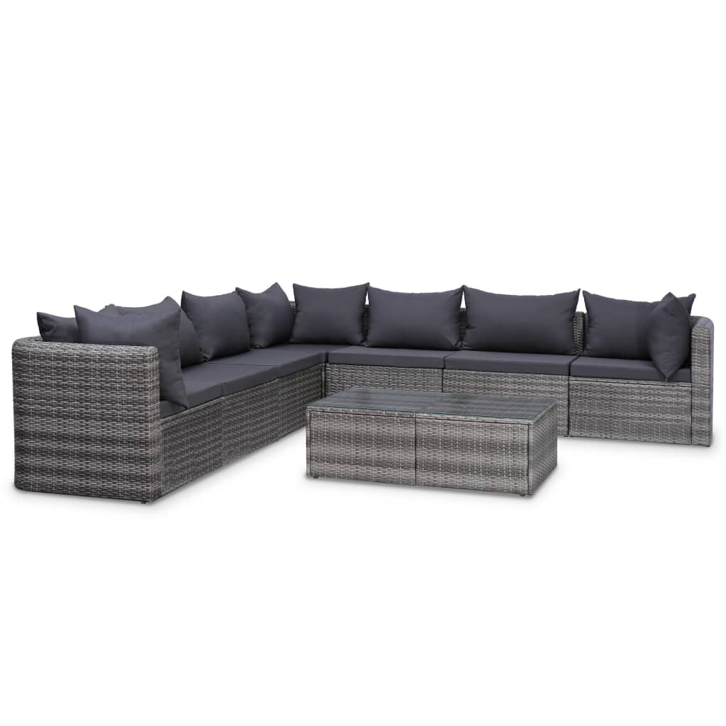 10 pcs conjunto lounge de jardim c/ almofadões vime PE cinzento
