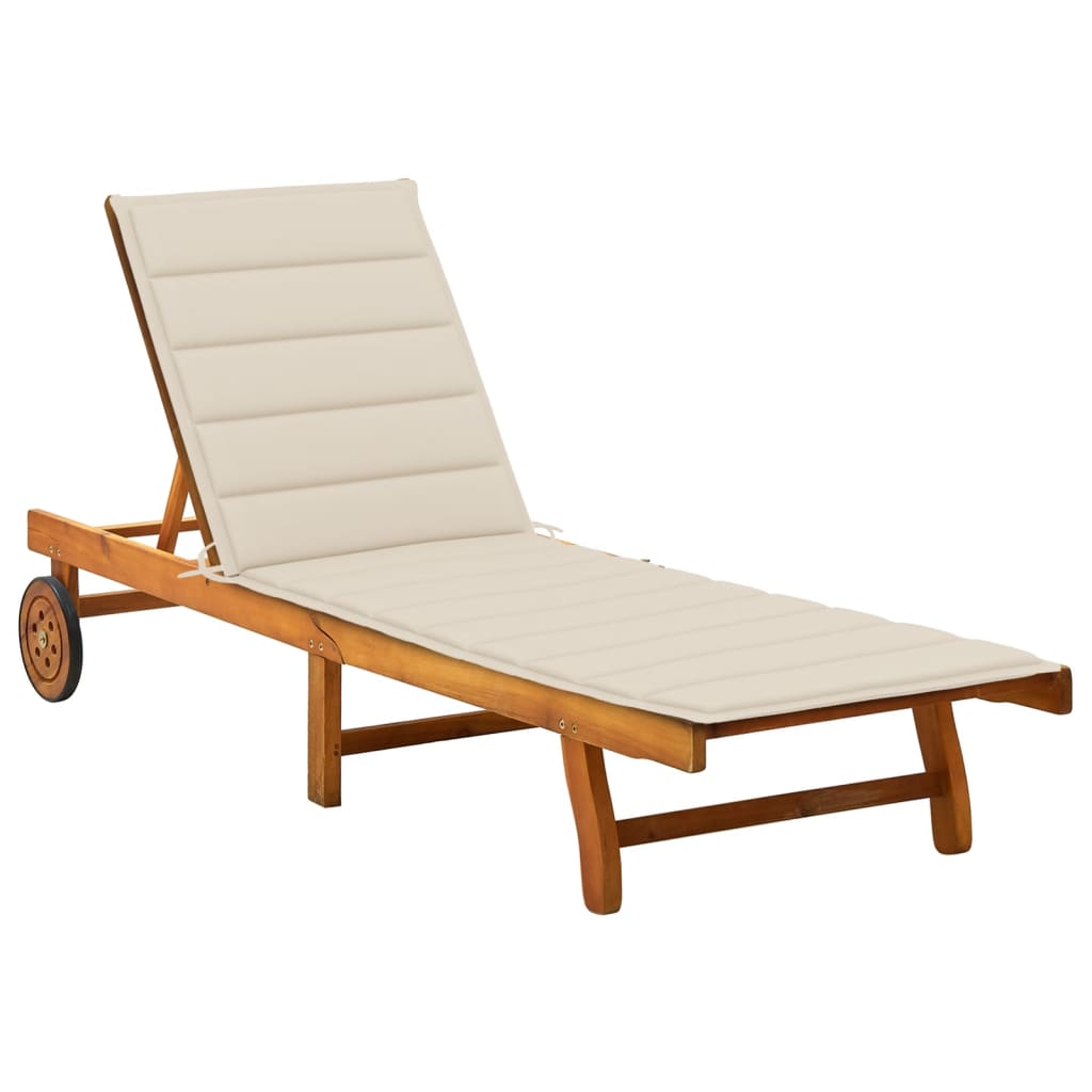 Garden sun lounger with cushion in solid acacia wood