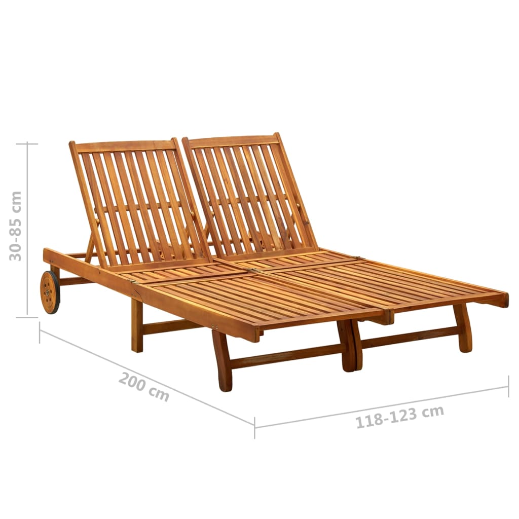 Garden sun lounger with cushions for 2 people in solid acacia wood