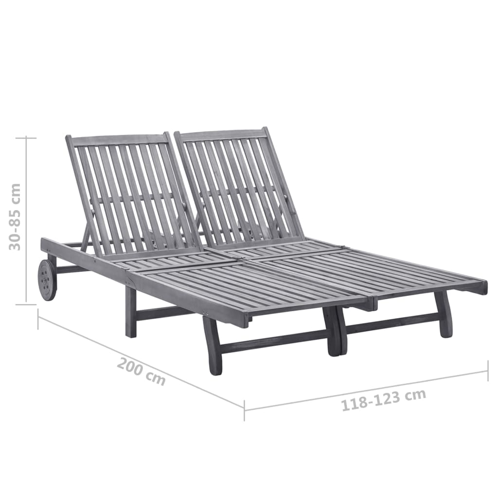 Garden sun lounger with cushion for 2 people, acacia grey