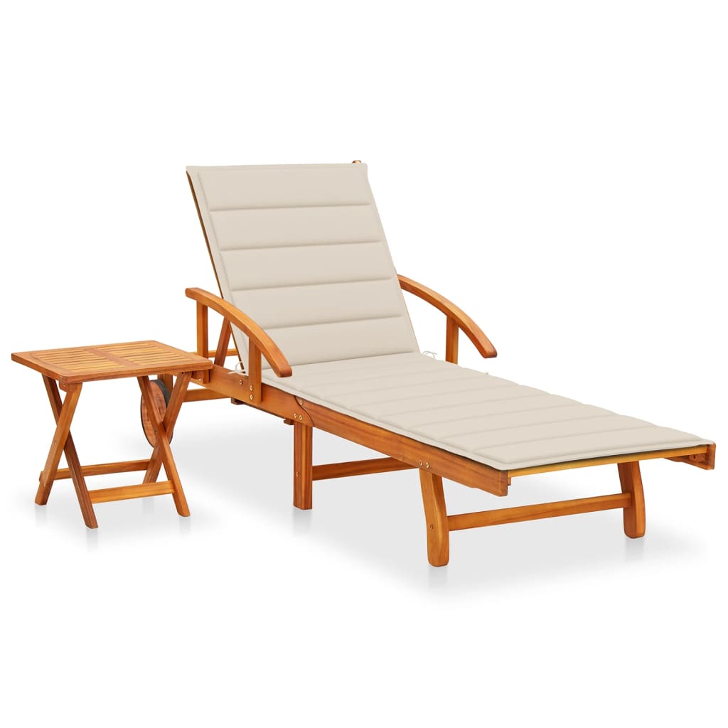 Garden sun lounger with table and solid acacia cushion