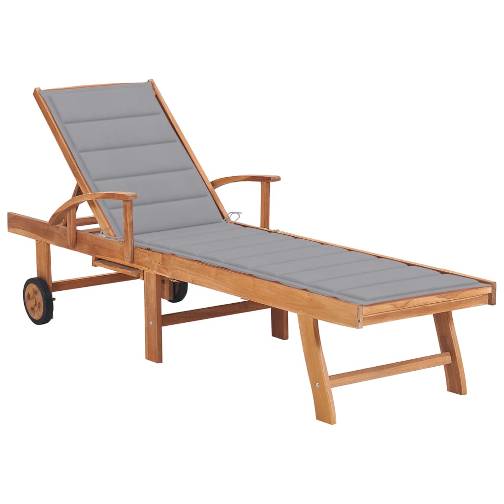 Sun lounger with grey cushion solid teak wood