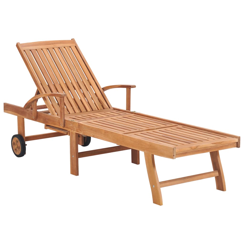 Sun lounger with grey cushion solid teak wood