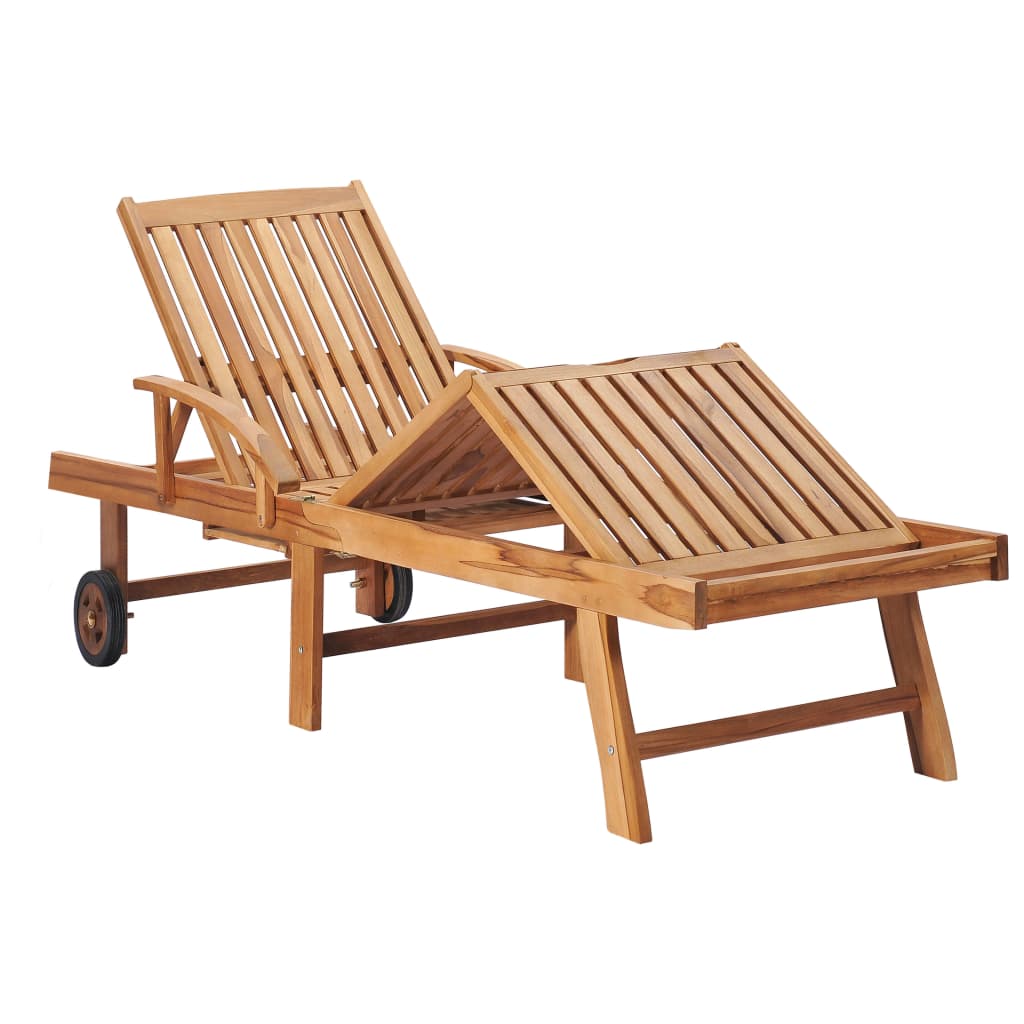 Sun lounger with grey cushion solid teak wood