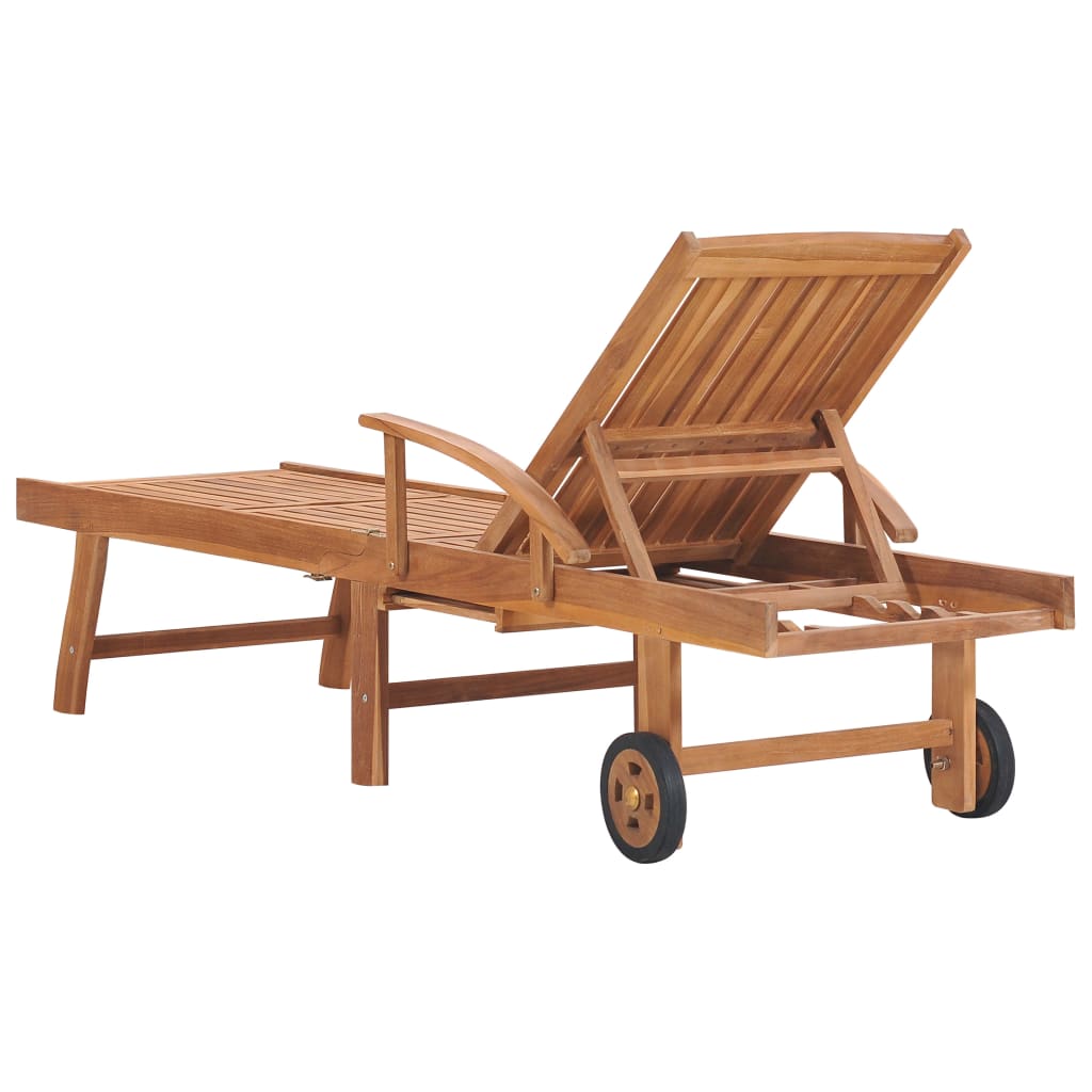 Sun lounger with grey cushion solid teak wood