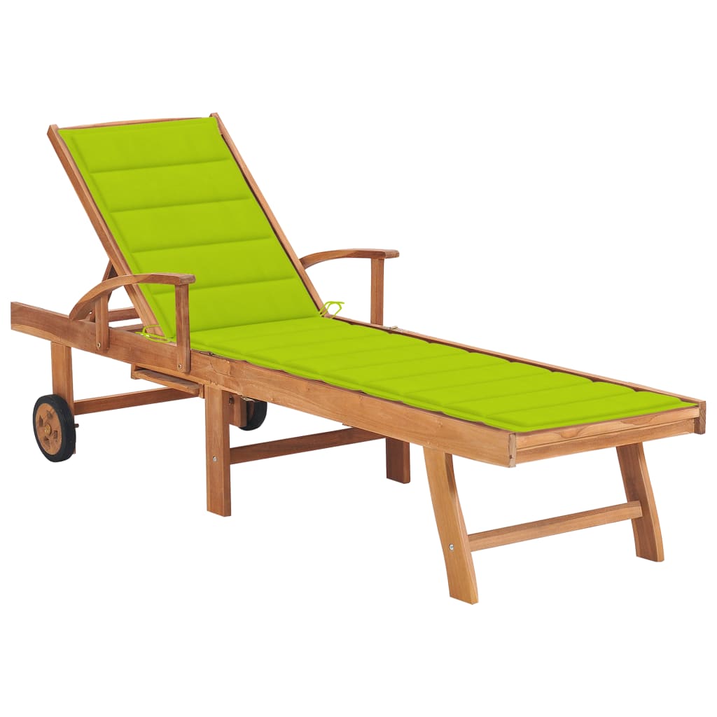 Bright green sun lounger + cushion in solid teak wood