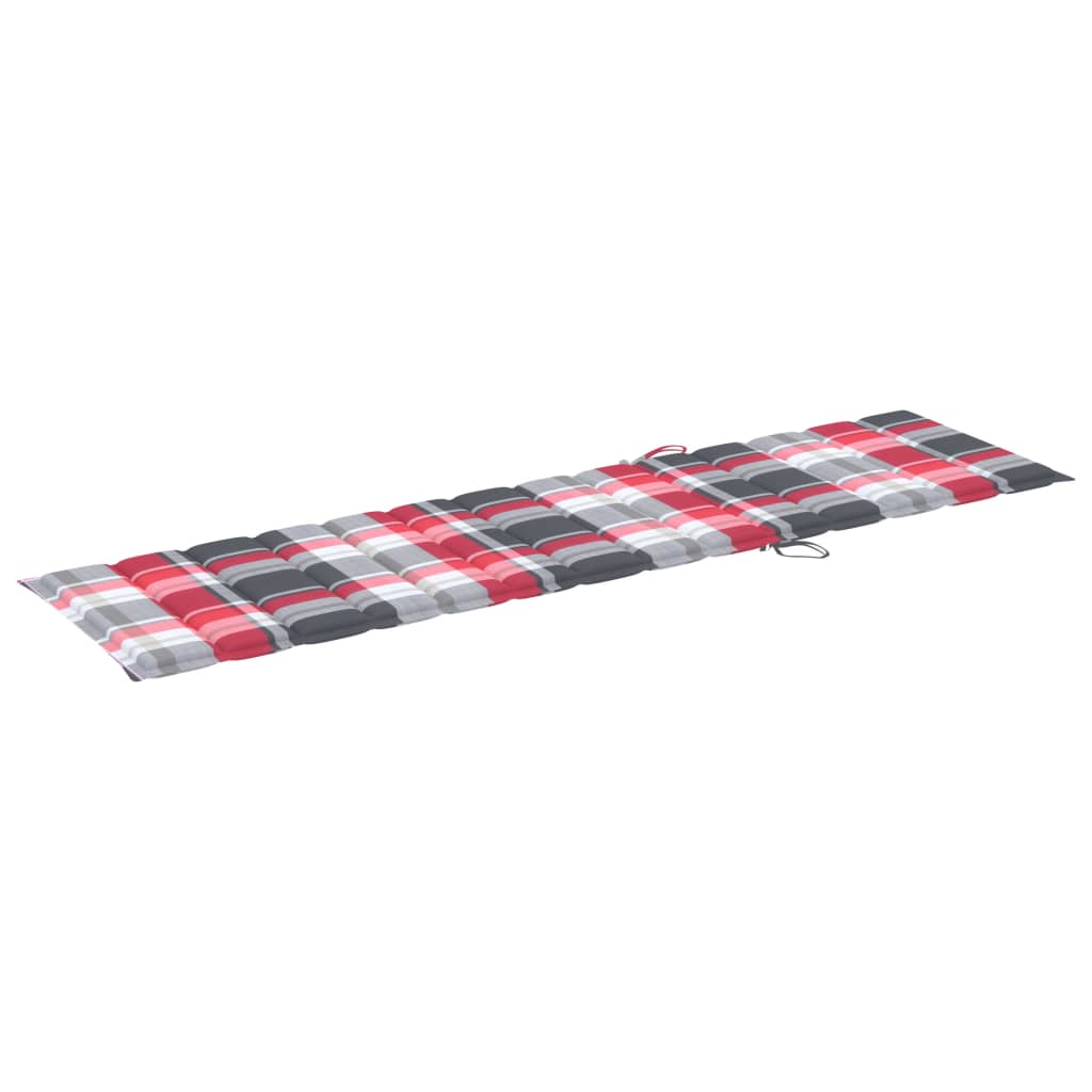 Sun lounger + red checkered cushion in solid teak wood