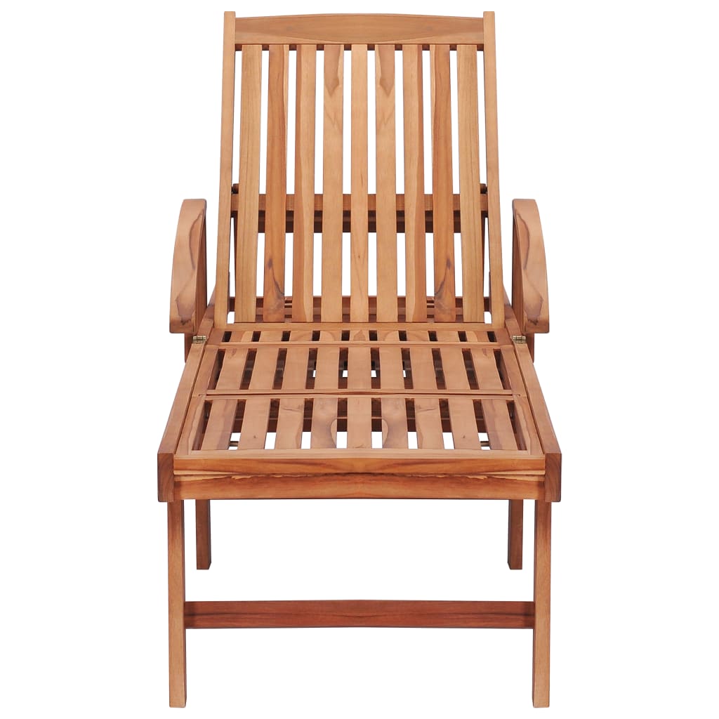 Sun lounger + red checkered cushion in solid teak wood