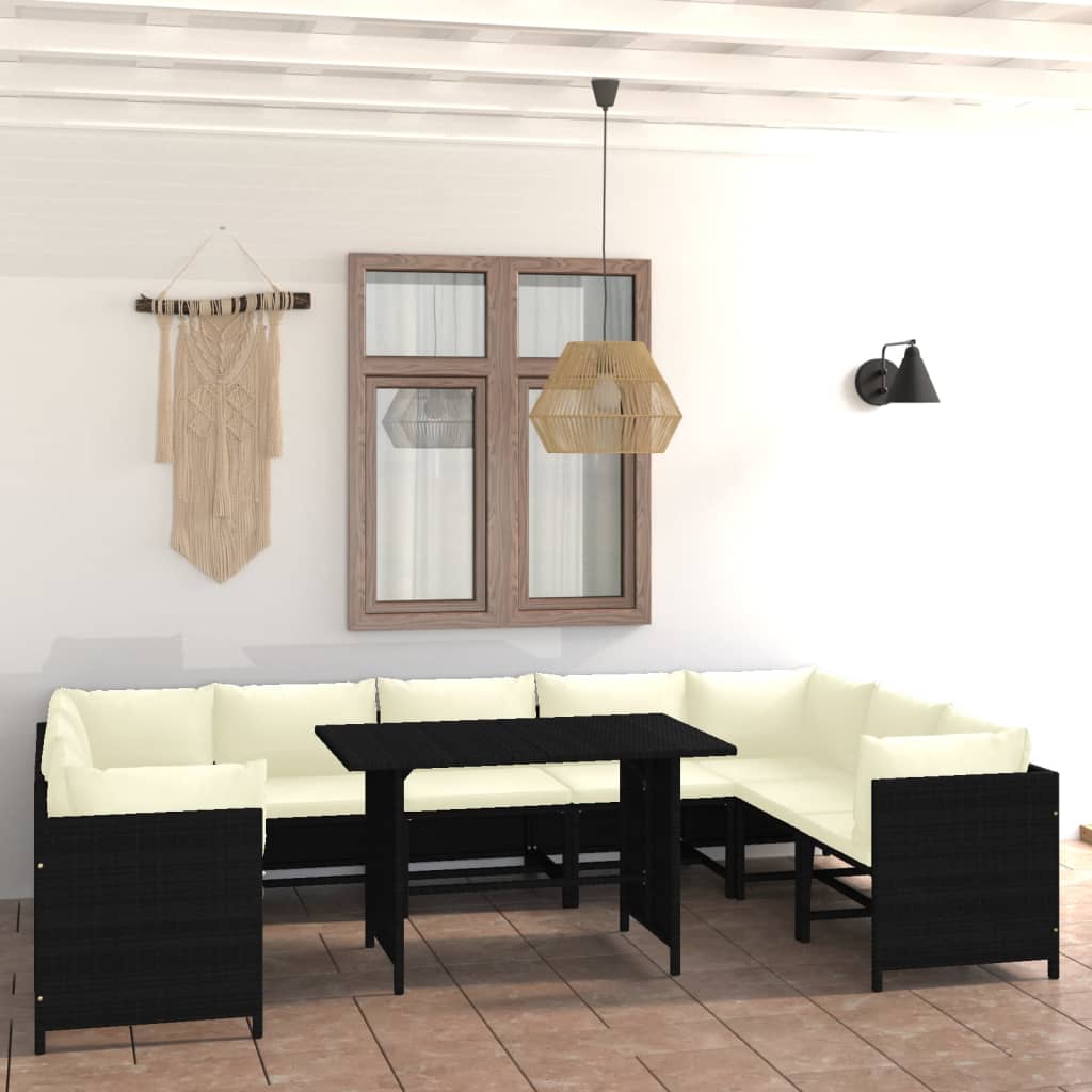 10 pcs conjunto lounge de jardim c/ almofadões vime PE preto