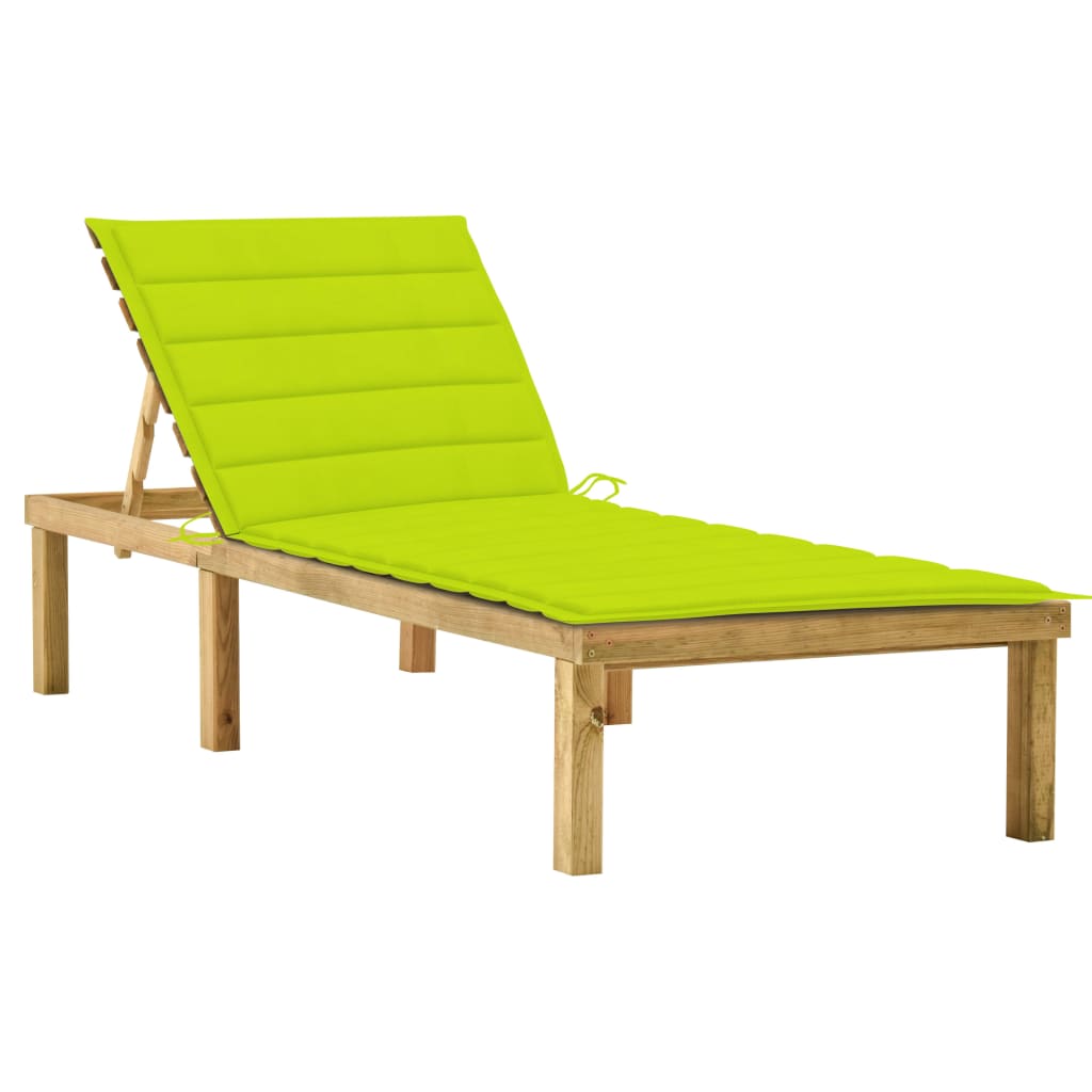Sun lounger with bright green cushion in impregnated pine