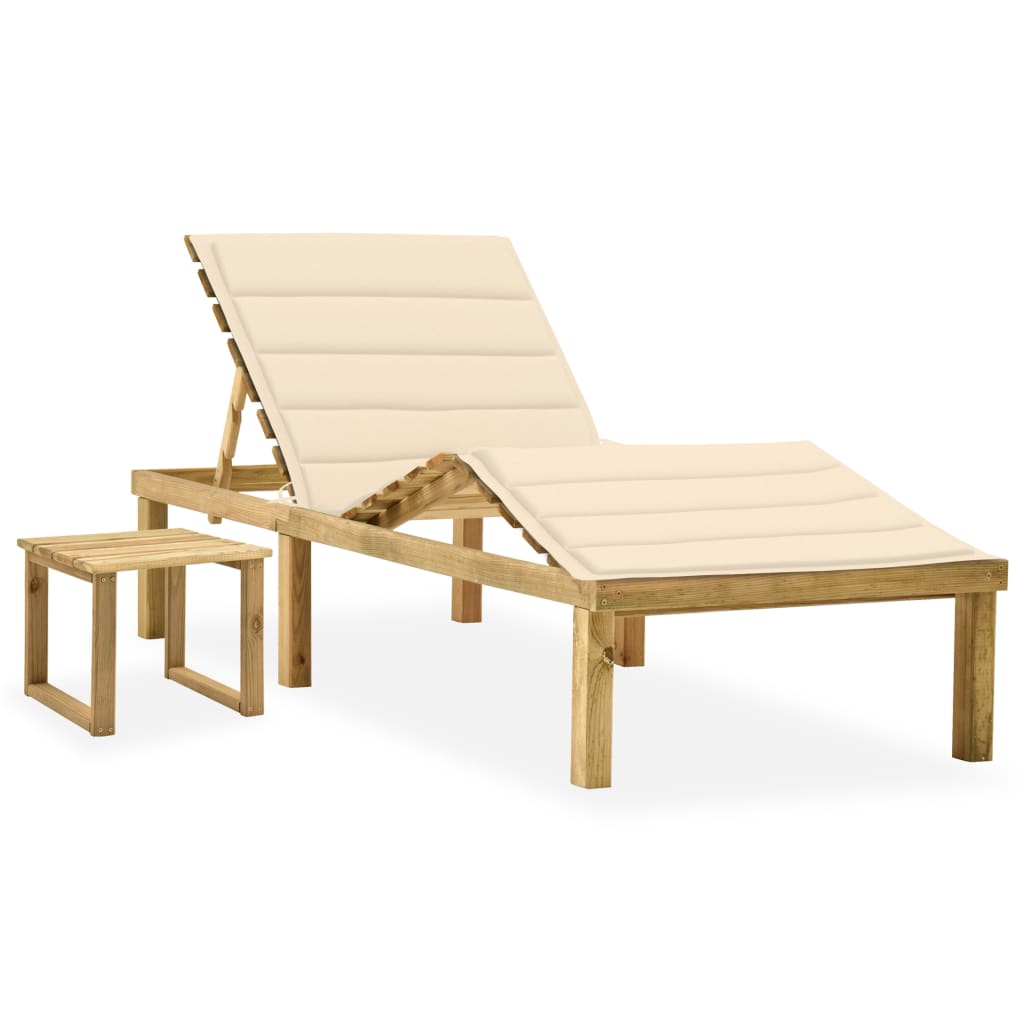 Garden sun lounger with table and cushion in impregnated pine
