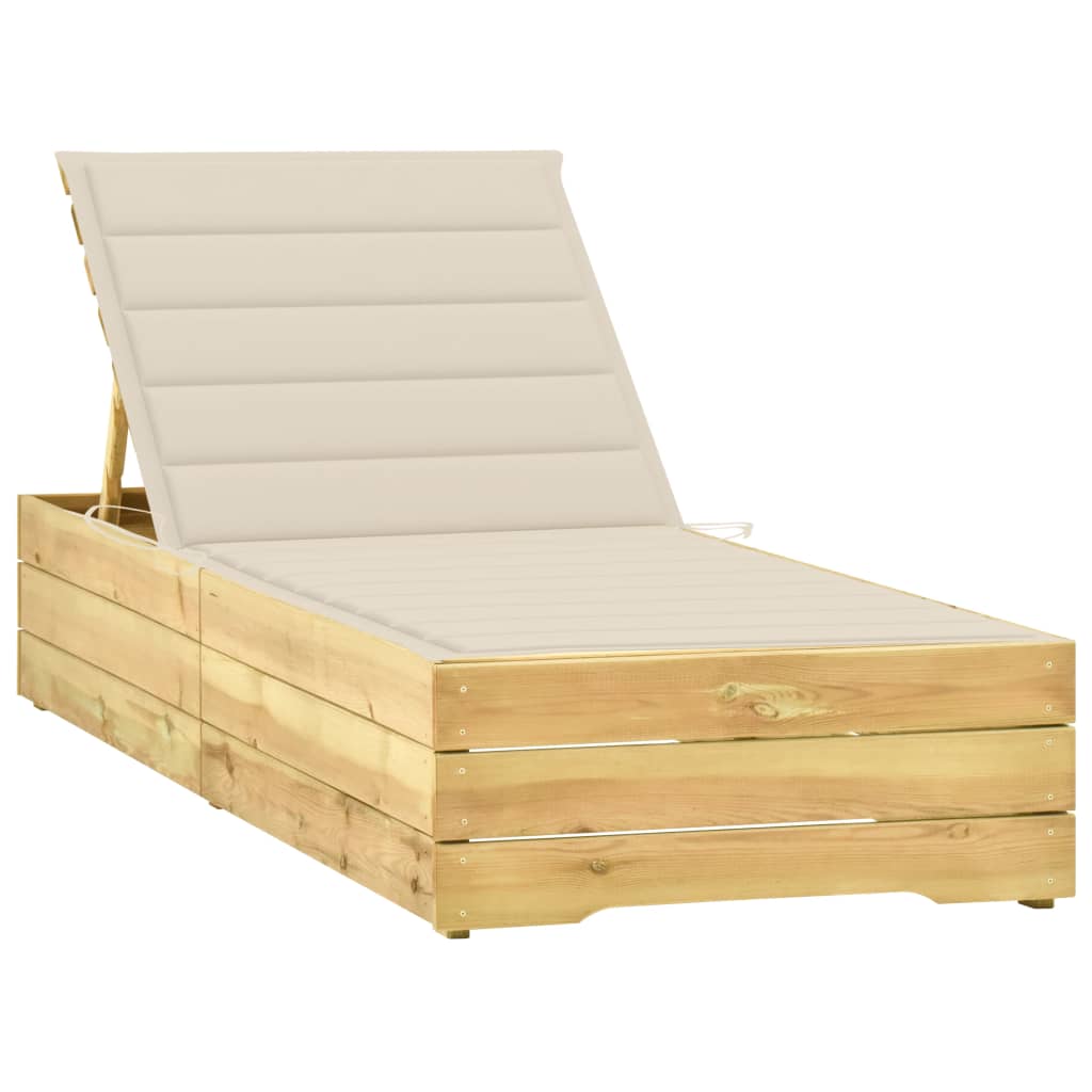 Sun lounger with cream-colored cushion in impregnated pine