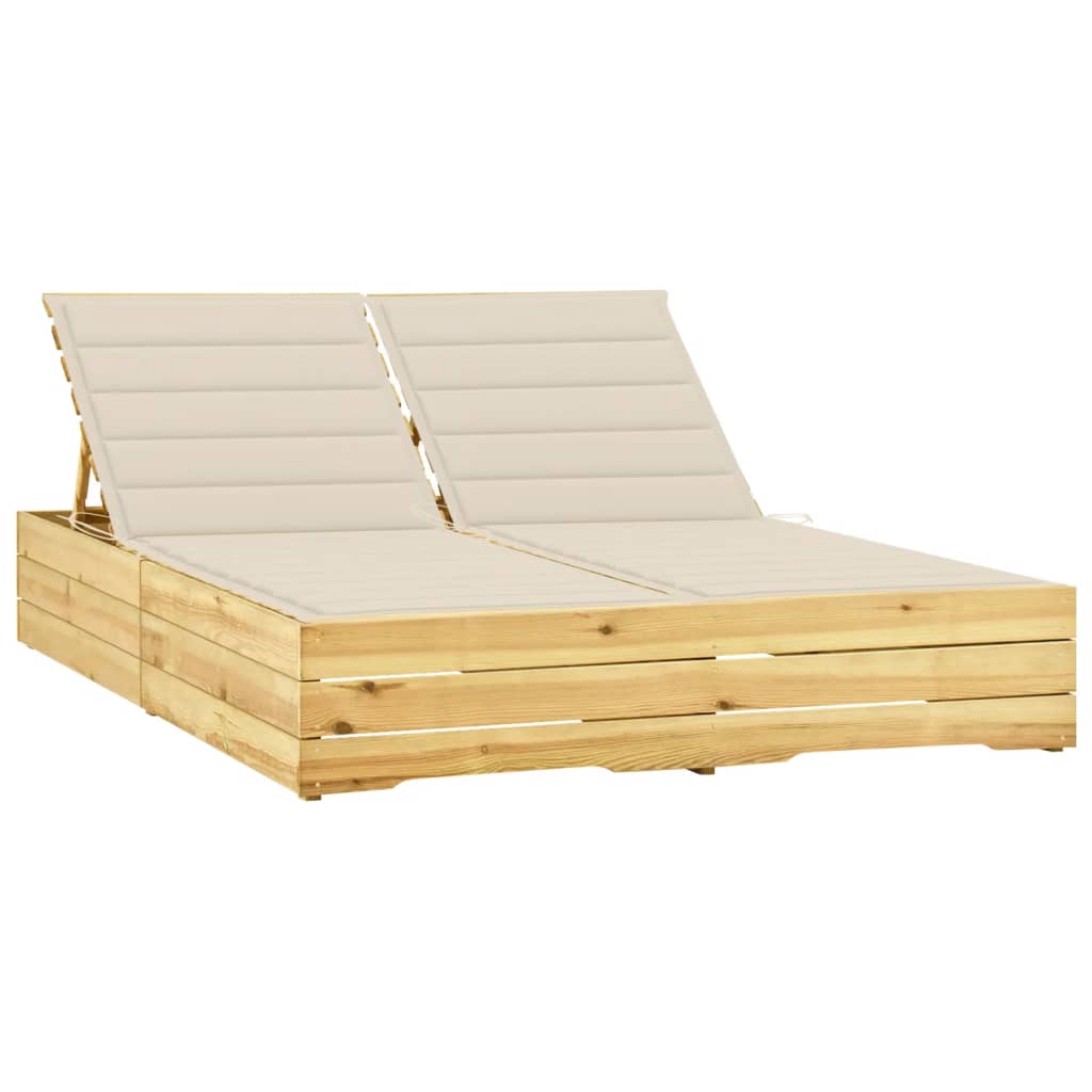 Double sun lounger with cream-colored cushions in impregnated pine