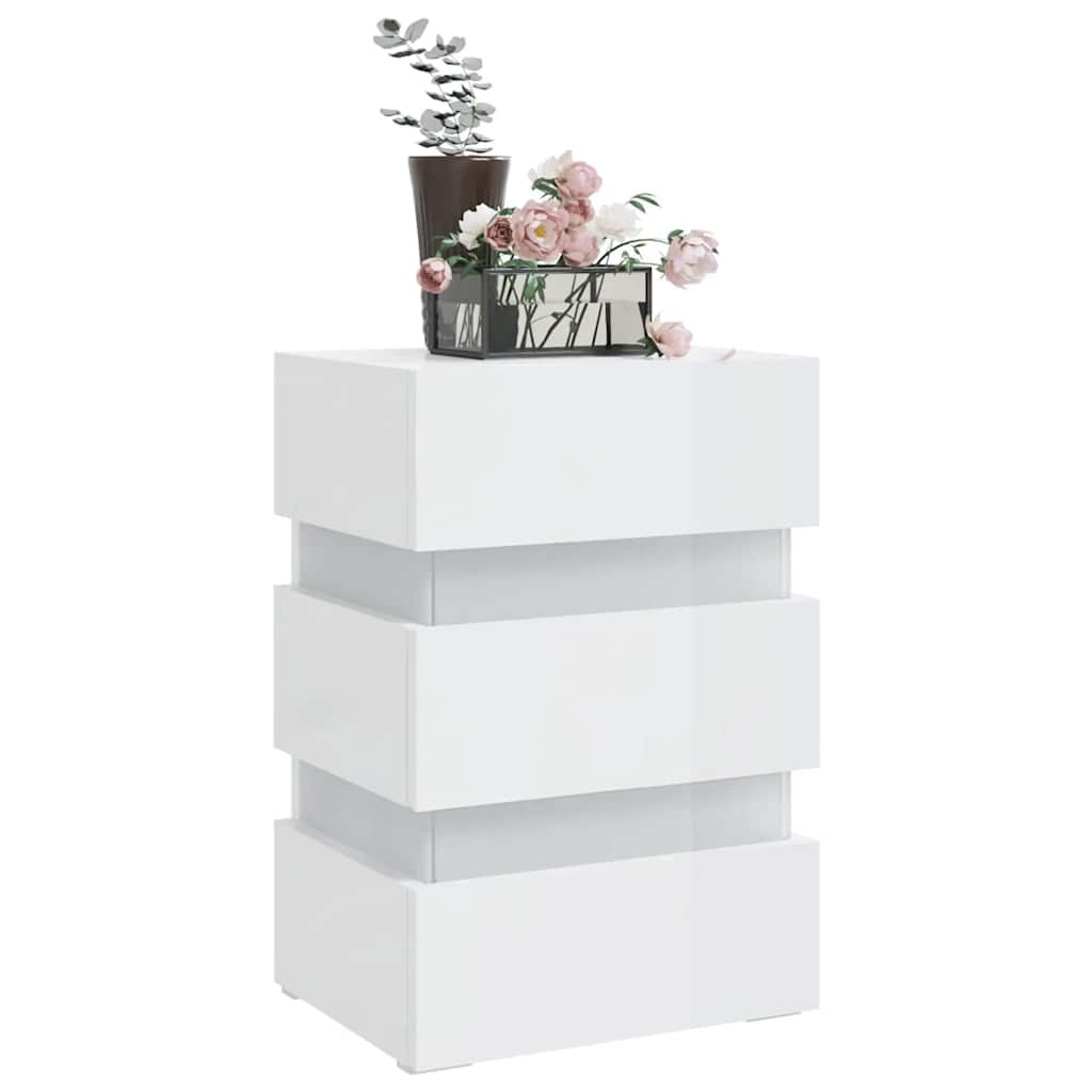 Mesa de cabeceira c/ luzes LED deriv. madeira branco brilhante