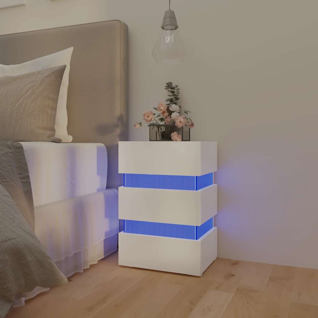 Mesa de cabeceira c/ luzes LED deriv. madeira branco brilhante