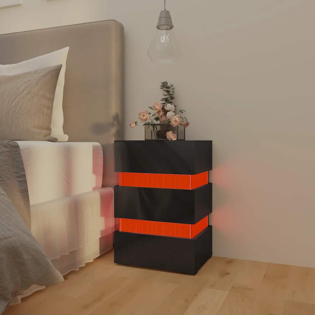 Mesa de cabeceira c/ luzes LED deriv. madeira preto brilhante