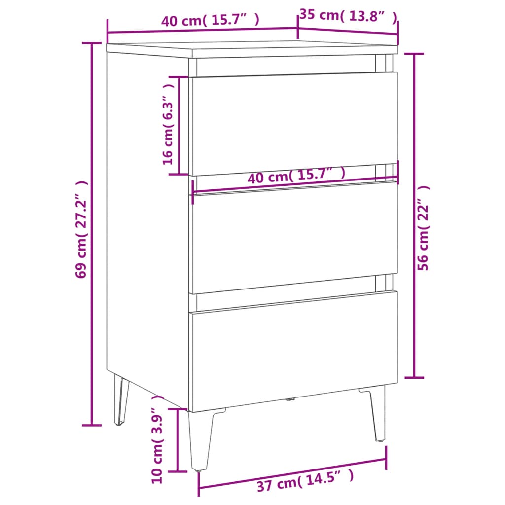 Bedside table with metal legs 40x35x69 cm white