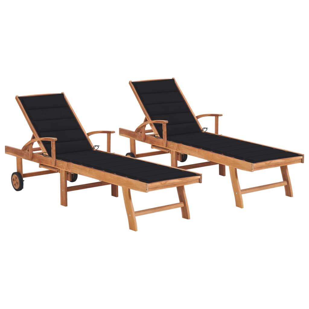 2 pcs sun loungers with black cushion solid teak
