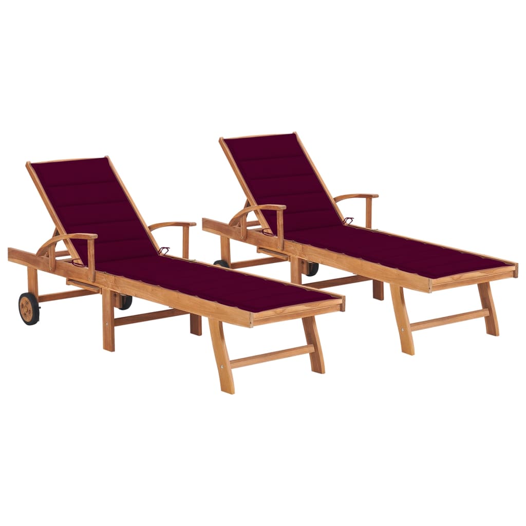Sun loungers 2 pcs with red cushion stained solid teak
