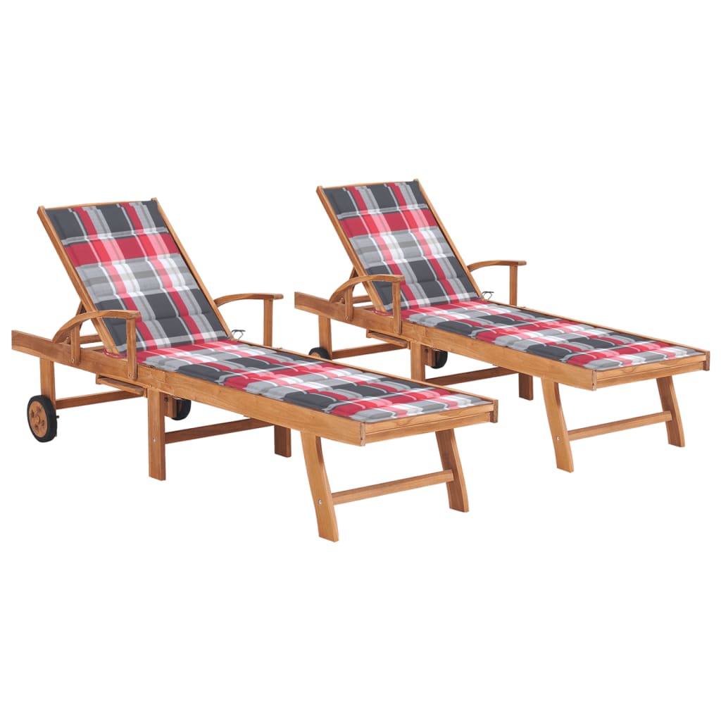 2 pcs sun loungers with red checkered cushion solid teak