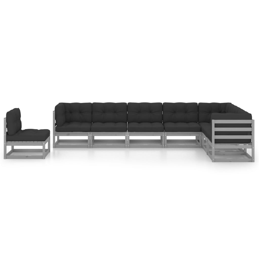 8 pcs conjunto lounge de jardim + almofadões pinho maciço cinza