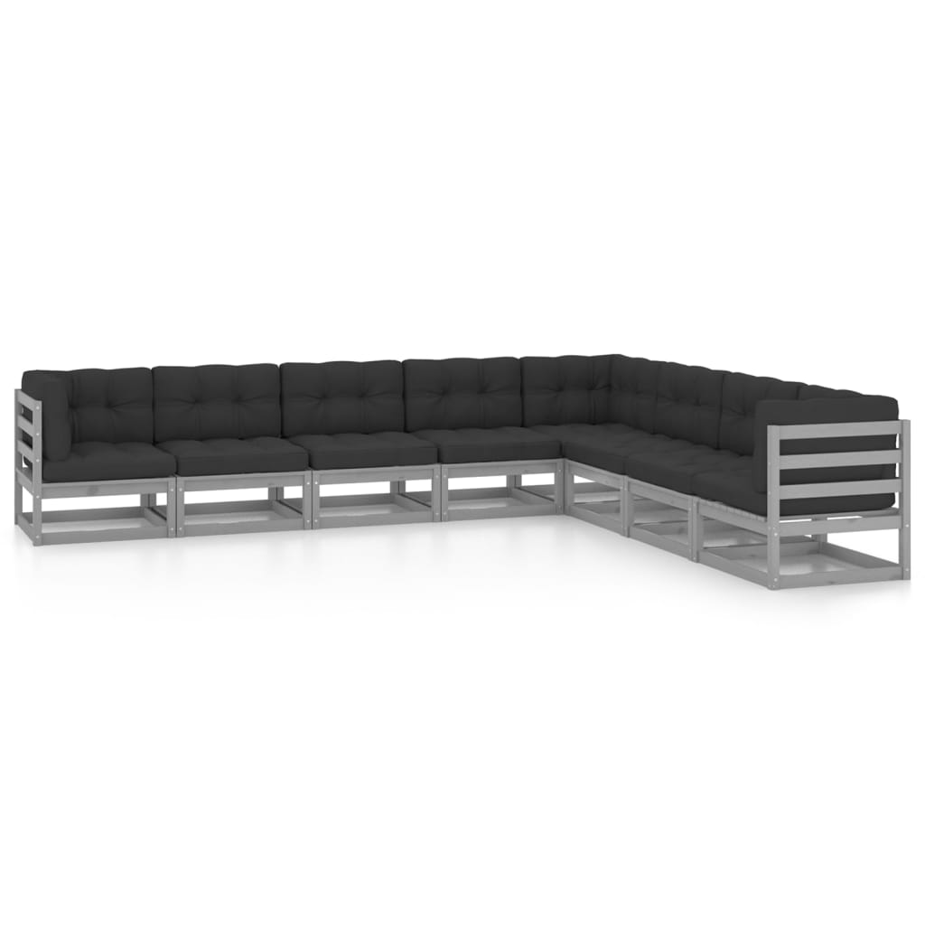 8 pcs conjunto lounge de jardim + almofadões pinho maciço cinza