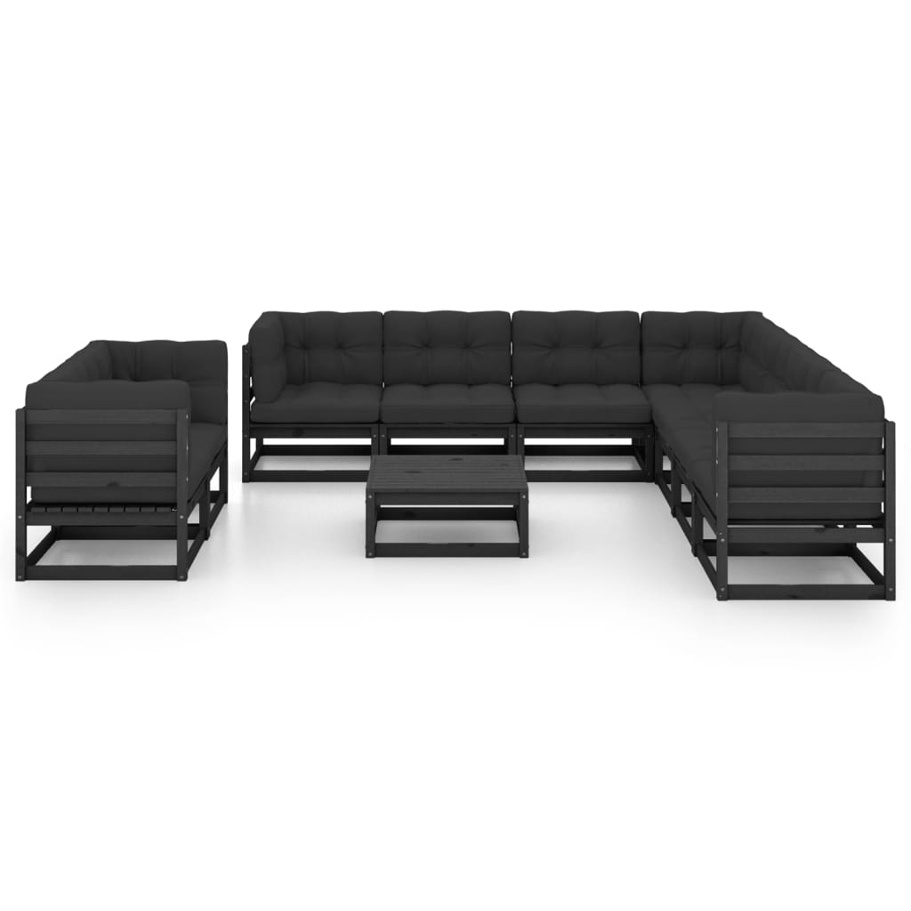 10 pcs conjunto lounge jardim c/ almofadões pinho maciço preto