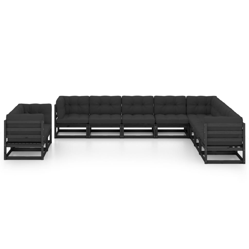 10 pcs conjunto lounge jardim c/ almofadões pinho maciço preto