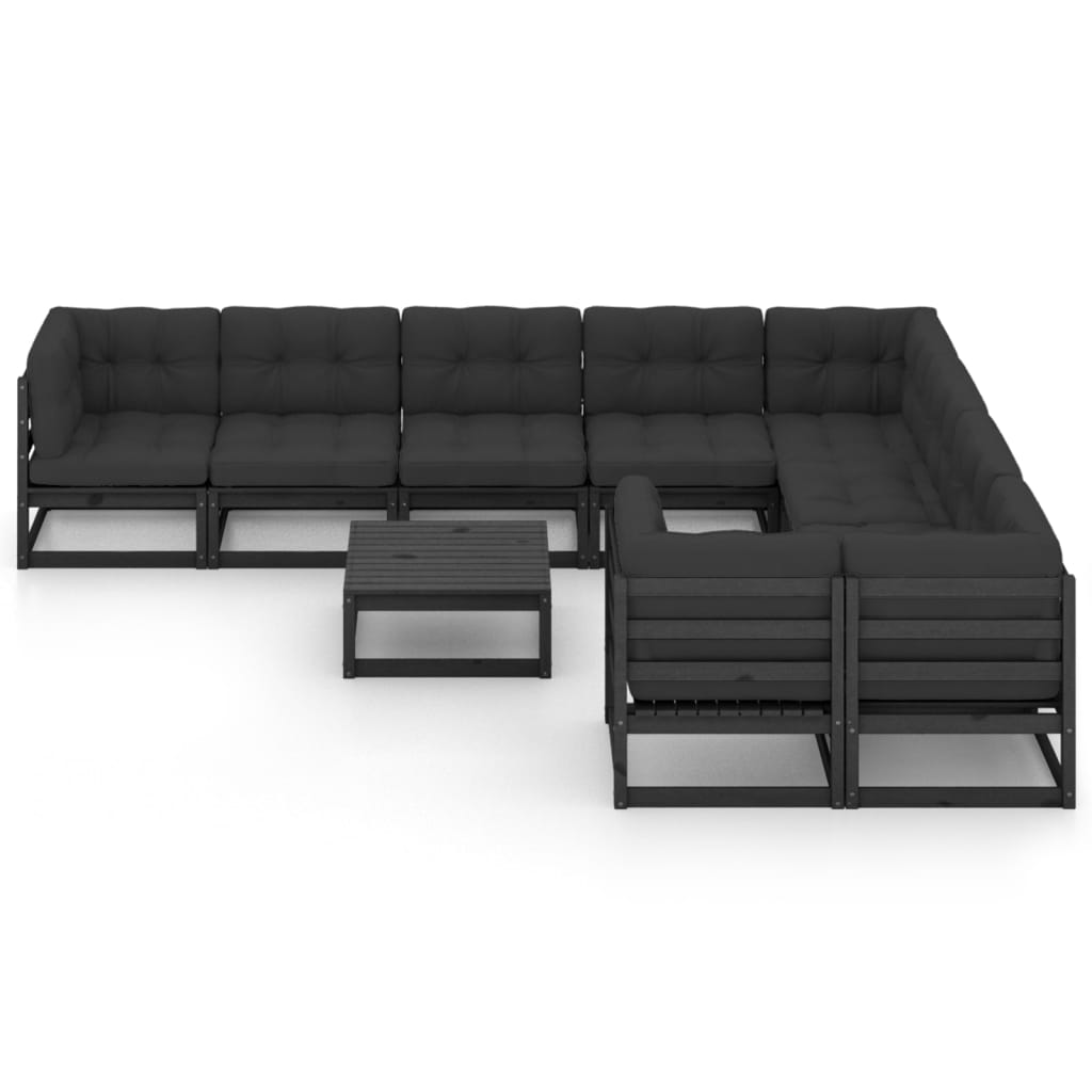 10 pcs conjunto lounge jardim c/ almofadões pinho maciço preto