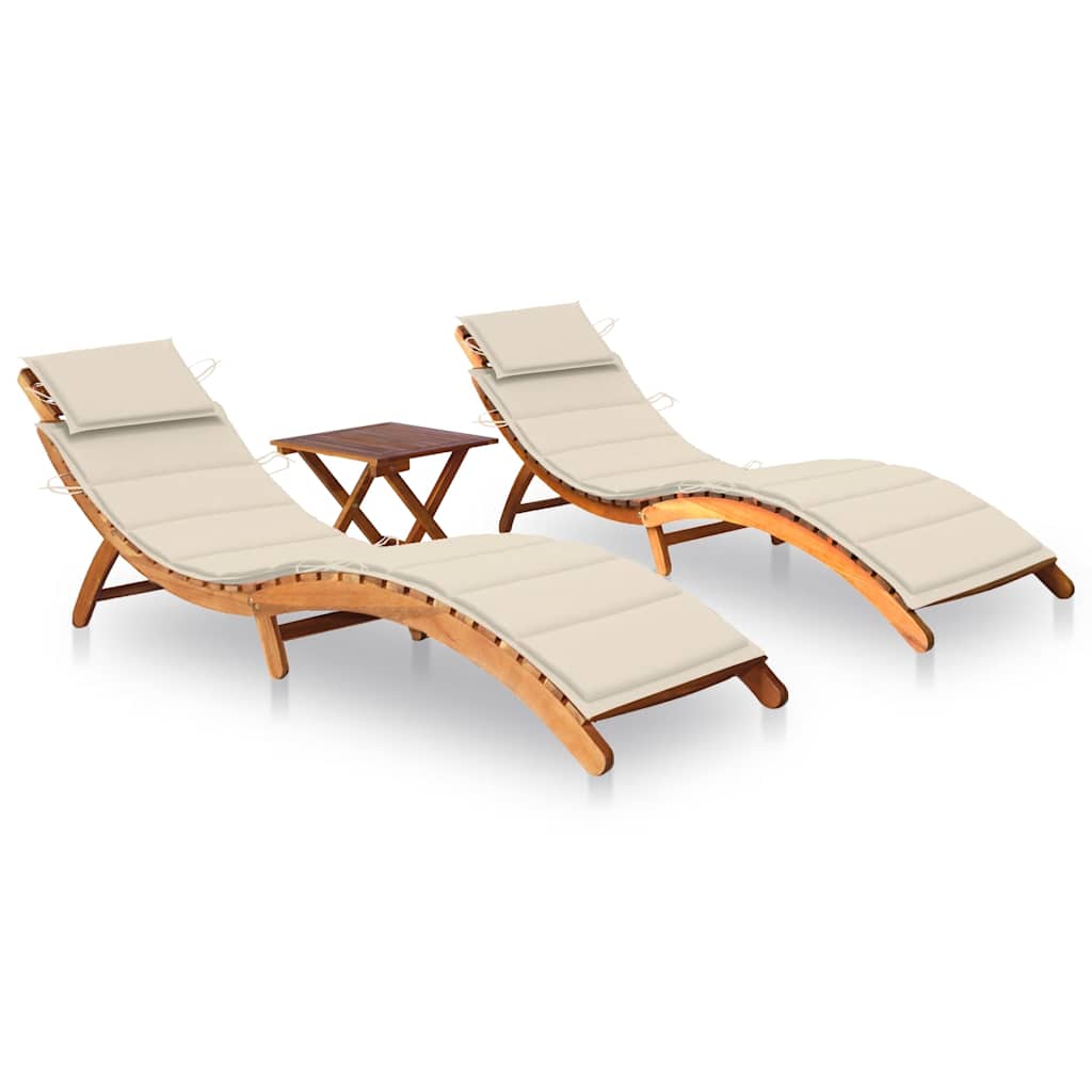 Sun loungers with table and cushions 2 pcs solid acacia