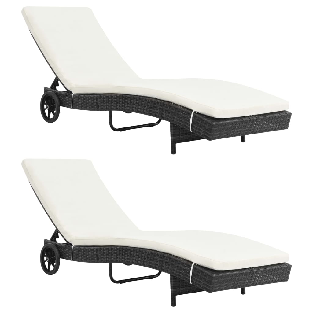 Sun loungers with wheels and cushions 2 pcs PE rattan black