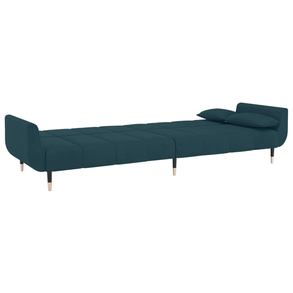Sofá-cama 2 lugares com duas almofadas veludo azul