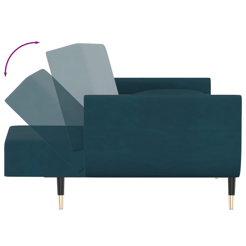 Sofá-cama 2 lugares com duas almofadas veludo azul