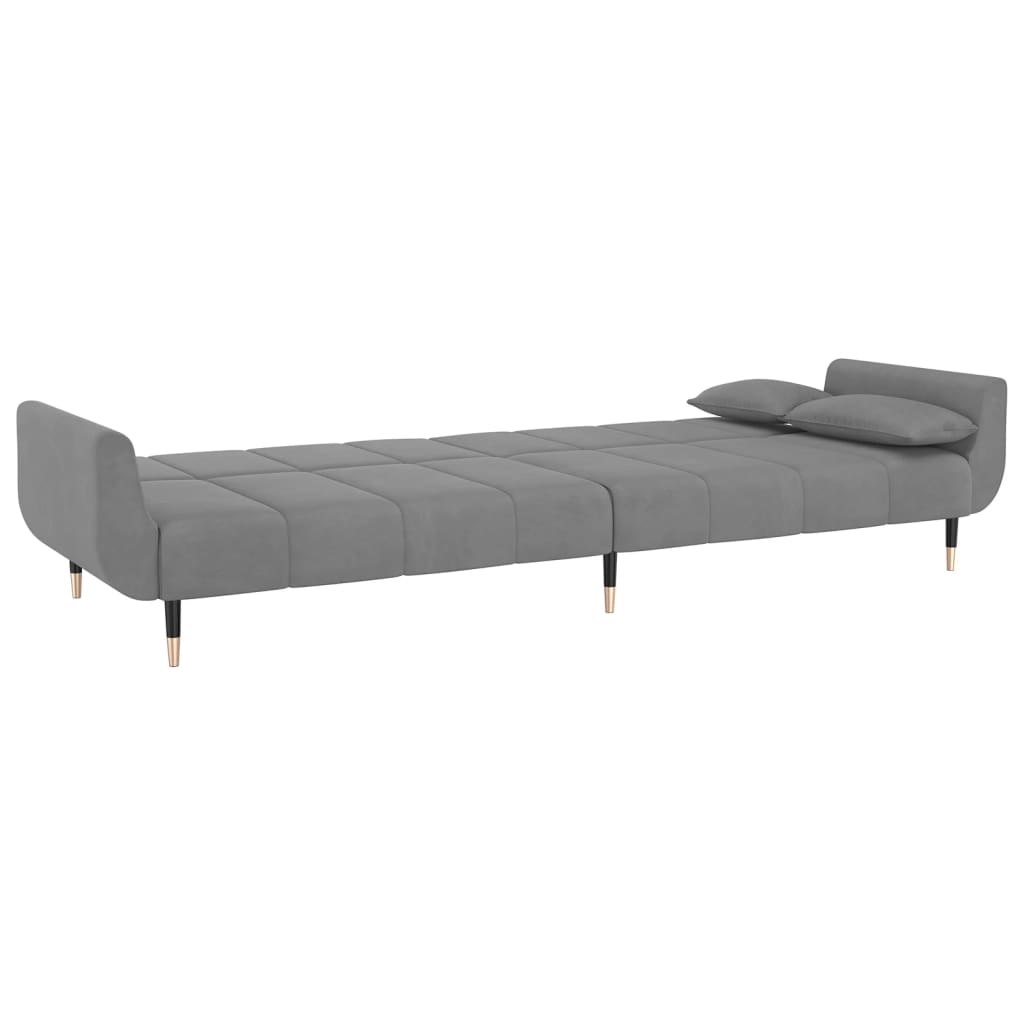 Sofá-cama 2 lugares com duas almofadas veludo cinzento-claro