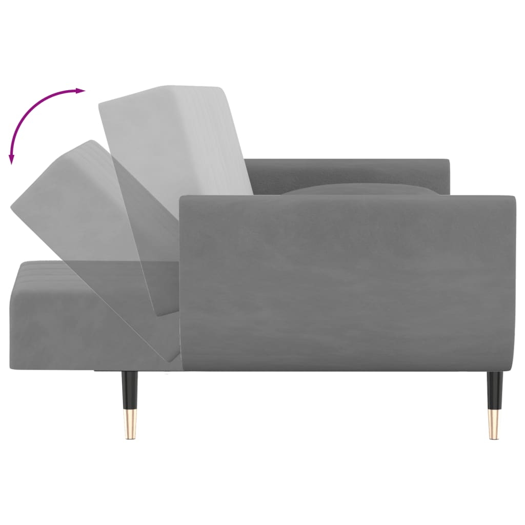 Sofá-cama 2 lugares com duas almofadas veludo cinzento-claro