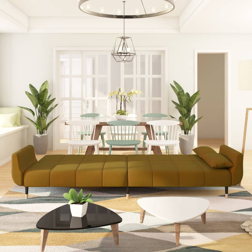 2-seater sofa bed with two brown velvet cushions