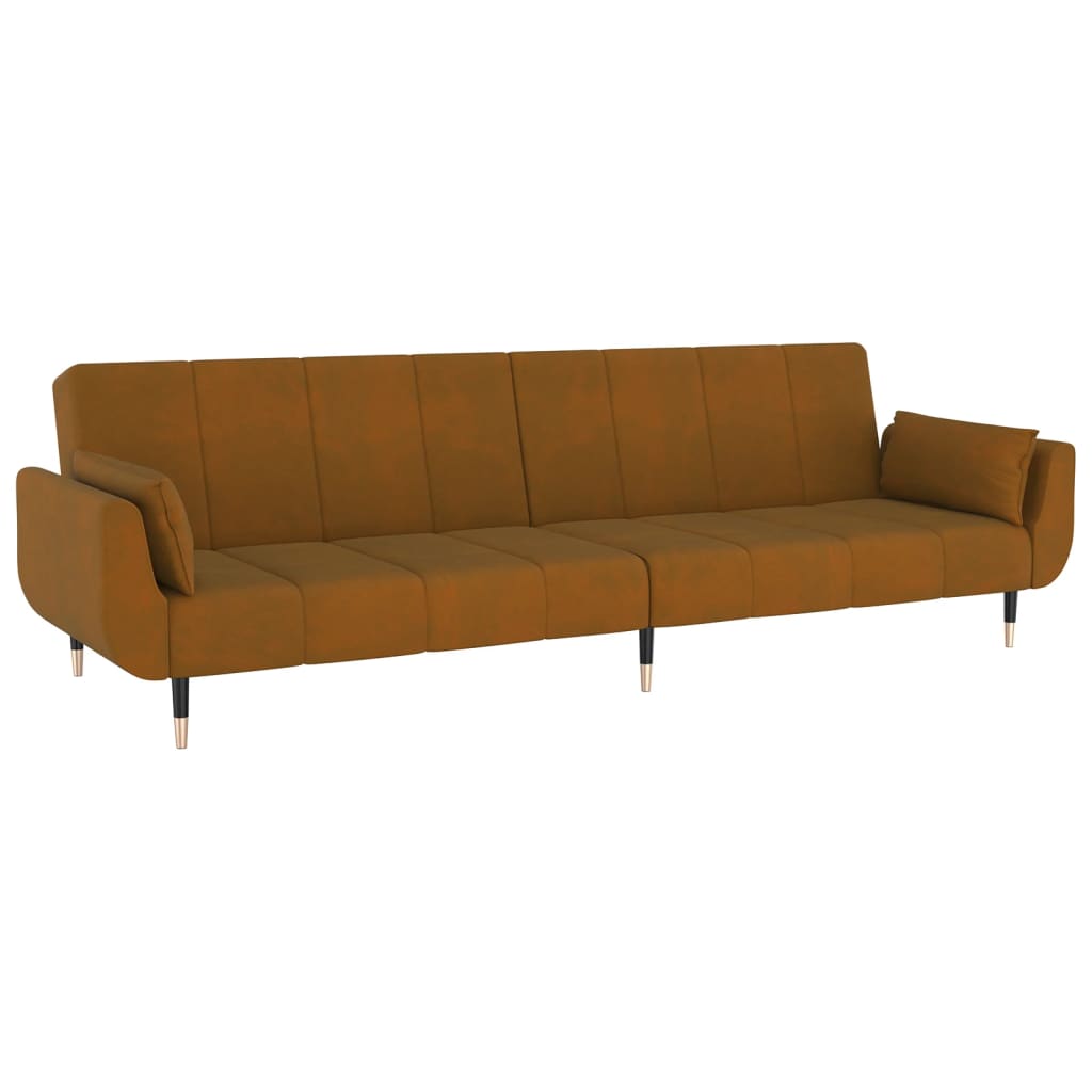 2-seater sofa bed with two brown velvet cushions