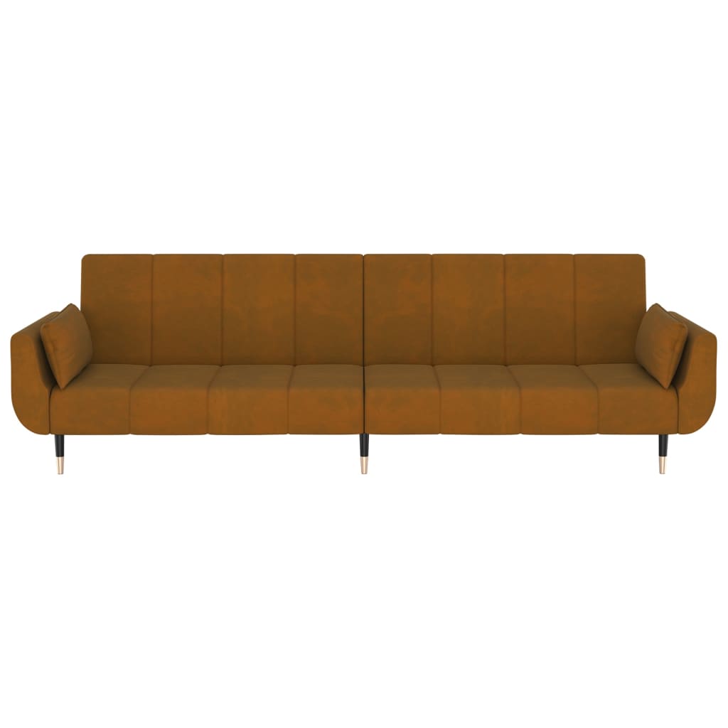 2-seater sofa bed with two brown velvet cushions