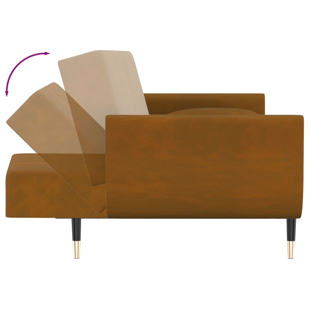 2-seater sofa bed with two brown velvet cushions