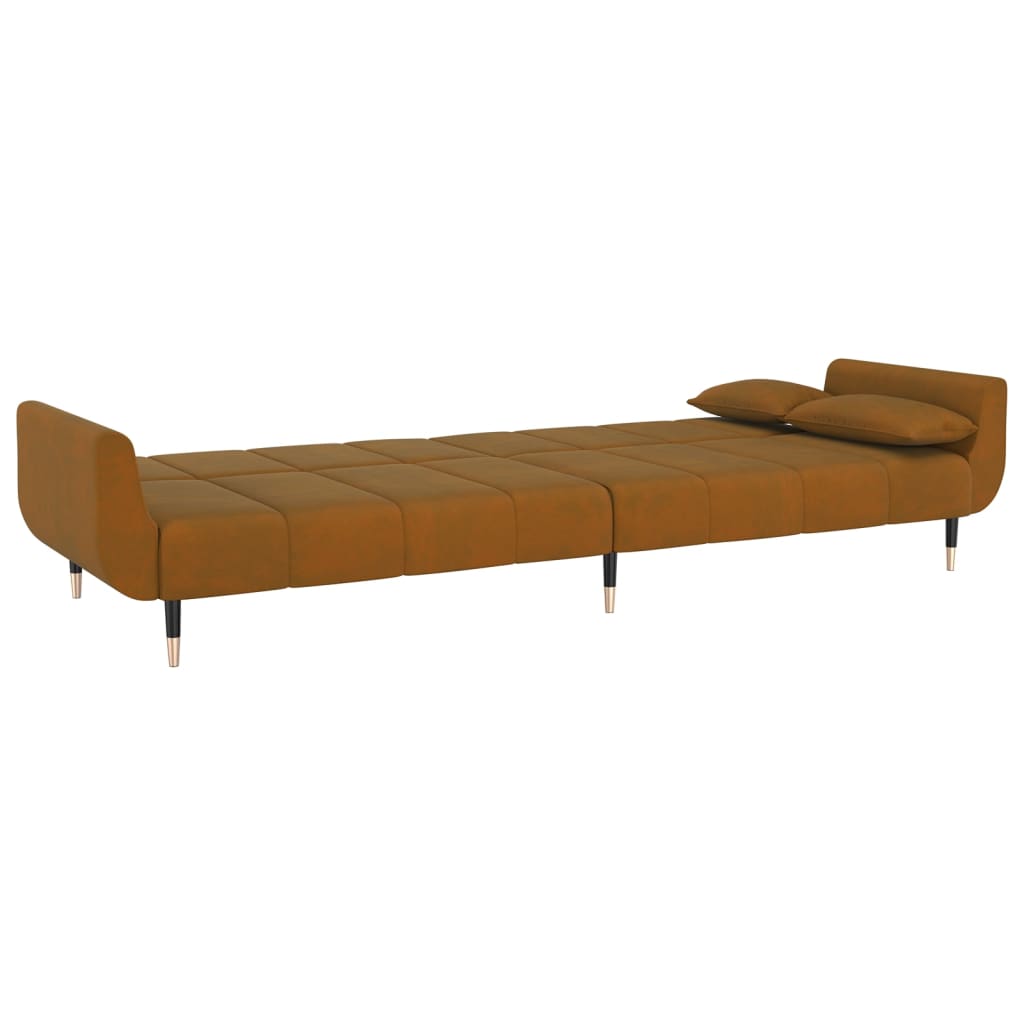 2-seater sofa bed with two brown velvet cushions
